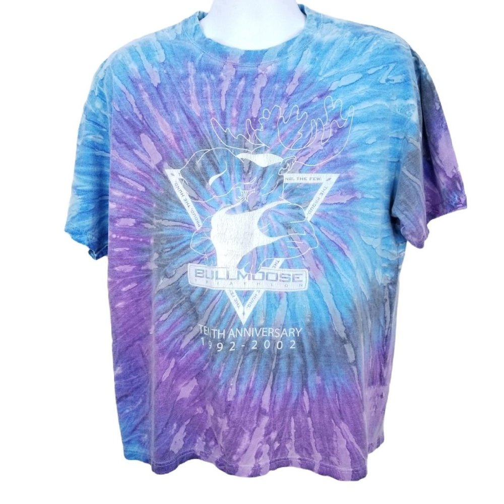 2002 Bull Moose Triathlon T Shirt Size L 10th Anniversary Tie Dye Double Sided